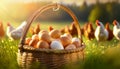 Chicken Eggs in a Wicker Basket and a Free-range Chickens - Generative Ai