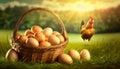 Chicken Eggs in a Wicker Basket and a Free-range Chicken - Generative Ai