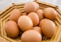 Chicken eggs in a wooden plate on a wooden table. Close-up. Royalty Free Stock Photo