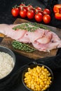 Chicken Enchilada ingredients Rice, mozzarella, on black background Royalty Free Stock Photo