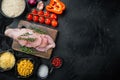 Chicken Enchilada ingredients Rice, mozzarella, on black background, top view flat lay with copy space for text Royalty Free Stock Photo