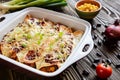 Chicken enchiladas with spicy tomato sauce, corn, beans and cheese Royalty Free Stock Photo