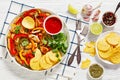 chicken fajitas with peppers, onion, taco chips Royalty Free Stock Photo