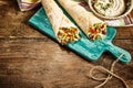 Chicken Fajitas Served on Rustic Wooden Table Royalty Free Stock Photo