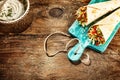Chicken Fajitas Served on Rustic Wooden Table Royalty Free Stock Photo