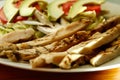 Chicken fajitas on a white plate