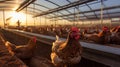 Chicken farm with a close - up shot of a chicken house. Generative AI