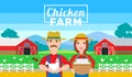 Chicken farm horizontal banner .farmers man and woman holding egg and hen