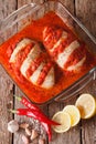 Chicken fillet baked with piri-piri sauce close-up. vertical top Royalty Free Stock Photo