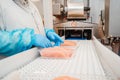 Chicken fillet production line . Factory for the production of food from meat.Food products meat chicken in plastic packaging on Royalty Free Stock Photo