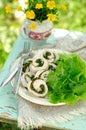 Chicken fillet rolls with fresh greens served with salad leaves, copy space for your text