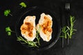 Semi-finished chicken fillets,lightly fried,on a dark background with fresh herbs.Half-finished.Quick cooking at home