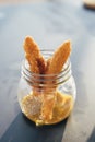 Chicken finger with mustard sauce in a glass bowl Royalty Free Stock Photo