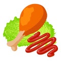 Chicken food icon isometric vector. Fried chicken leg ketchup stripe and lettuce