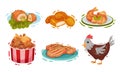 Chicken Food and Snacks with Deep Fried Legs in Basket and Chicken Patty Cakes Vector Set