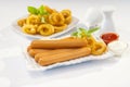 Chicken franks with potato swirls basil and ketchup with mayonnaise Royalty Free Stock Photo