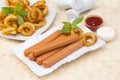 Chicken franks with potato swirls basil and ketchup with mayonnaise Royalty Free Stock Photo