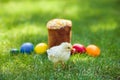 Chicken Fresh Easter cake with colorful decorative eggs Royalty Free Stock Photo