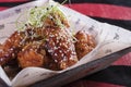 The chicken fried on a grill. Fried chicken wings with greens and grains. Very tasty and fragrant dish Royalty Free Stock Photo