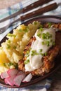 chicken fried steak and white gravy on a plate close-up. Vertical