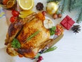 baked chicken fried whole food setting thanksgiving dinner homemade cooked christmas white on a wooden background
