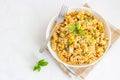 Chicken Fusilli Pasta with Corn Directly Above Photo