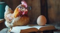 Chicken with Glasses Reading a Book Next to an Egg Royalty Free Stock Photo
