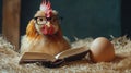 Chicken with Glasses Reading a Book Next to an Egg Royalty Free Stock Photo