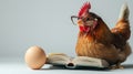 Chicken with Glasses Reading a Book Next to an Egg Royalty Free Stock Photo