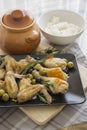 Chicken greek with boiled rice bowl vertical Royalty Free Stock Photo