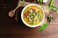 Chicken green curry Asian food, Beef green curry Thai food on a soup bowl with a mixture of herbs, vegetables and Thai red chilli