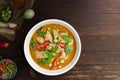 Chicken green curry Asian food, Beef green curry Thai food on a soup bowl with a mixture of herbs, vegetables and Thai red chilli Royalty Free Stock Photo