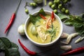 Chicken green curry Thai food on soup bowl with ingredient vegetable herbs and spices pepper chili black background, Traditional Royalty Free Stock Photo