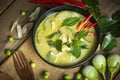 Chicken green curry Thai food on soup bowl with ingredient vegetable herbs and spices pepper chili, Traditional green curry Royalty Free Stock Photo