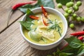 Chicken green curry Thai food on soup bowl with ingredient vegetable herbs and spices pepper chili on wooden background, Royalty Free Stock Photo