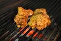 chicken with greens and vegetables roasting on a charcoal barbecue lit wood with fire for roasting chicken on the grill Royalty Free Stock Photo