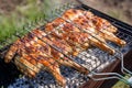 Chicken grilled on a charcoal barbeque brazier