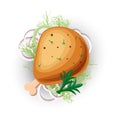 Chicken Grilled Leg Vector Icon, on white background with greens and onion. Tasty juicy chicken roasted leg