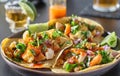 Chicken and grilled pineapple street tacos with hot sauce