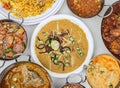 Chicken haleem, chicken karahi, biryani, beef nihari, curry pakora, chanay, aloo shimla mirch and keema isolated on grey