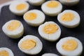 Chicken halves boiled eggs set, close-up