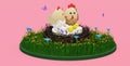 Chicken hatches eggs in a nest with a rooster, 3d