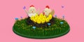 Chicken hatches eggs in a nest with a rooster, 3d