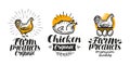 Chicken, hen label set. Poultry farm, egg, meat, broiler, pullet icon or logo. Lettering vector illustration