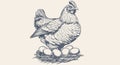 Chicken, hen with nest, eggs. Vintage artwork Royalty Free Stock Photo