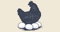 Chicken, hen with nest, eggs. Vintage artwork