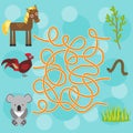 Chicken, horse, koala labyrinth game for Preschool Children. Vector