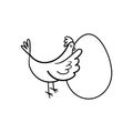 A chicken hugs a large egg with love. Hand-drawn silhouette of a chicken with a big egg. Vector stock illustration black on a