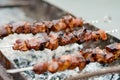 Chicken kabobs grilled on metal skewers outdoors Royalty Free Stock Photo