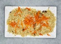 chicken kabuli pulao served in dish isolated on background top view of indian spices and pakistani food